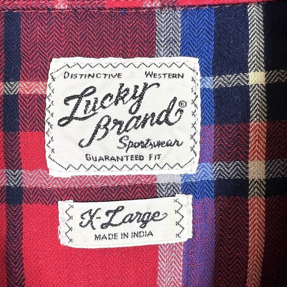 Lucky Brand Mens Medium Red Plaid Pearl Snap Button Front Western Shirt Size XL - Picture 10 of 13
